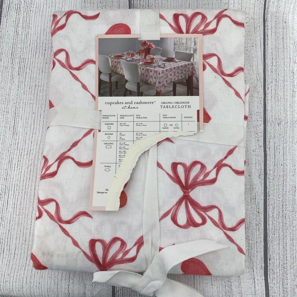 Cupcakes and Cashmere Tablecloth 60x 84 White Pink Red Hearts Bows Valentines